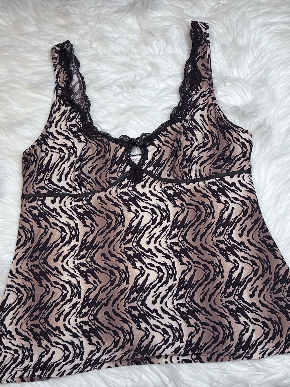 Vtg Linea Donatella Y2K Animal Print Babydoll Top Womens Size M Brown Lace 90s - Picture 7 of 11
